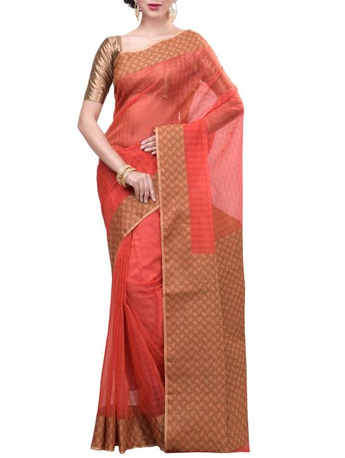 orange cotton blend bordered saree with blouse - 15057311 - Very Small Image - 1