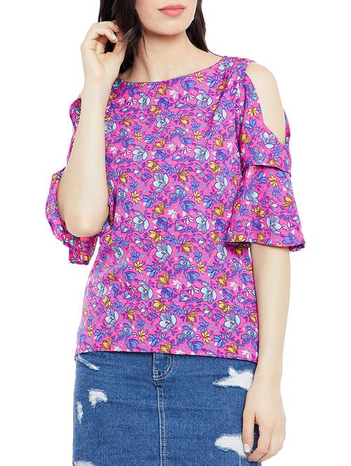 pink crepe floral cold shoulder top - 15057366 - Very Small Image - 1