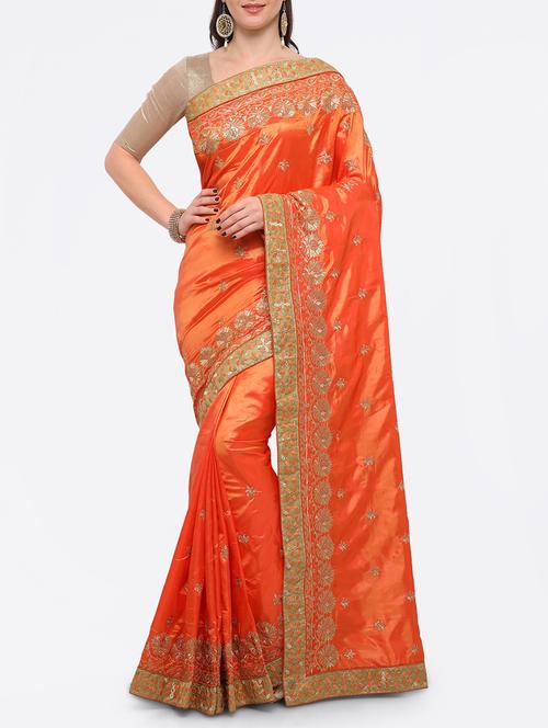 orange silk blend embroidered saree with blouse - 15057491 - Very Small Image - 1