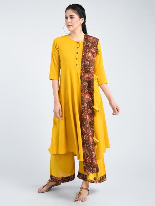 mustard rayon kurta palazzo set with dupatta - 15057683 - Very Small Image - 1