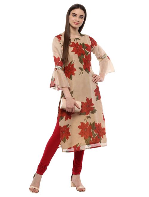 beige chanderi straight kurta - 15059557 - Very Small Image - 1