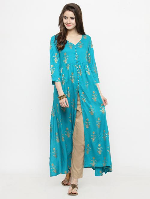 block printed front slit kurta - 15060391 - Very Small Image - 1