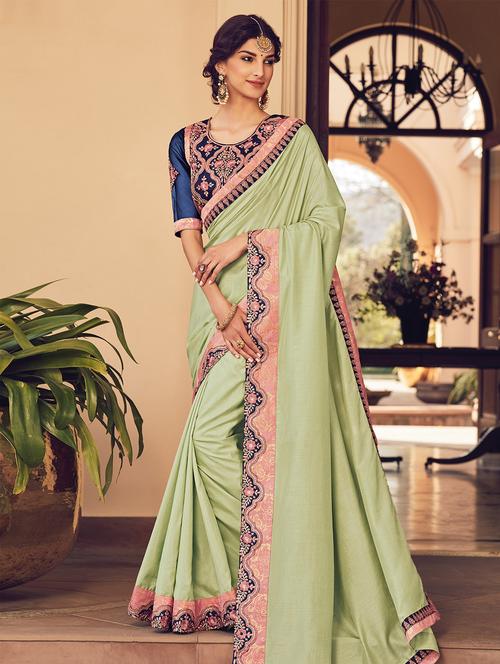 green bordered  saree with blouse - 15063957 - Very Small Image - 1