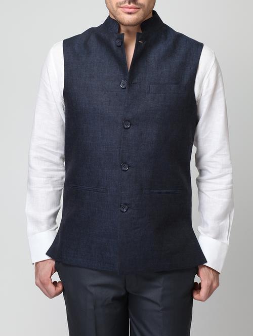 navy blue linen nehru jacket - 15064356 - Very Small Image - 1