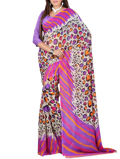 white georgette printed saree with blouse - 15068227 - Very Small Image - 1