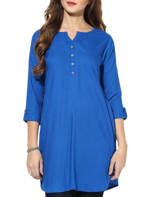 blue color  rayon solid three quarter sleeves kurta - 15068984 - Very Small Image - 1