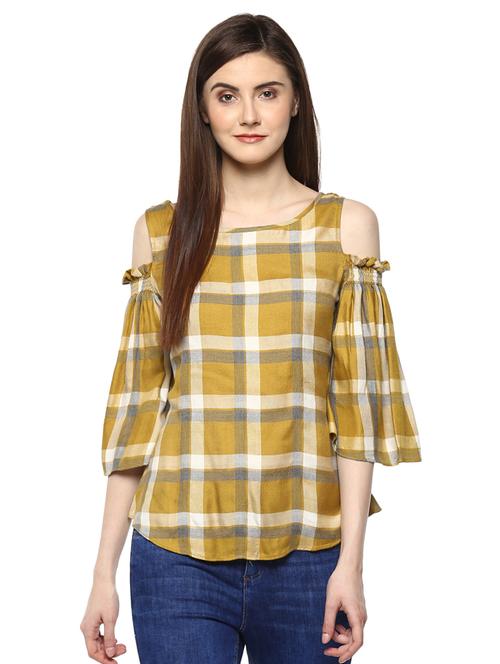 yellow viscose checkered cold shoulder top - 15070252 - Very Small Image - 1