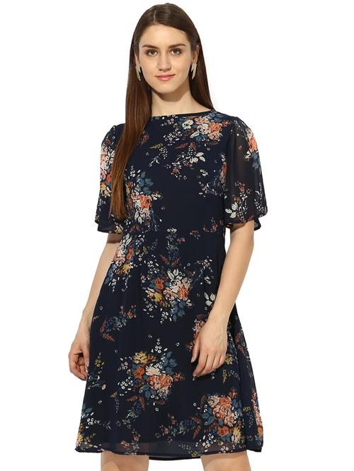 navy blue georgette floral a-line dress - 15070567 - Very Small Image - 1