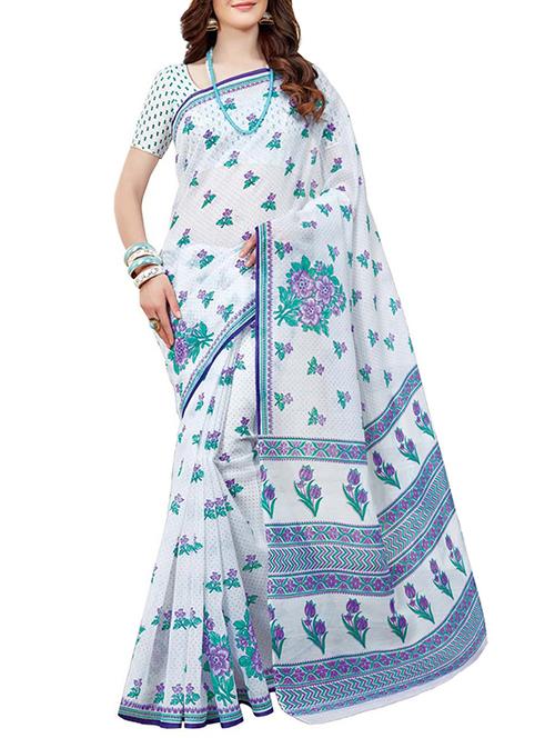 floral printed white saree with blouse - 15070880 - Very Small Image - 1