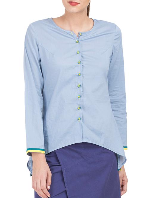 blue solid cotton asymmetric shirt - 15071224 - Very Small Image - 1