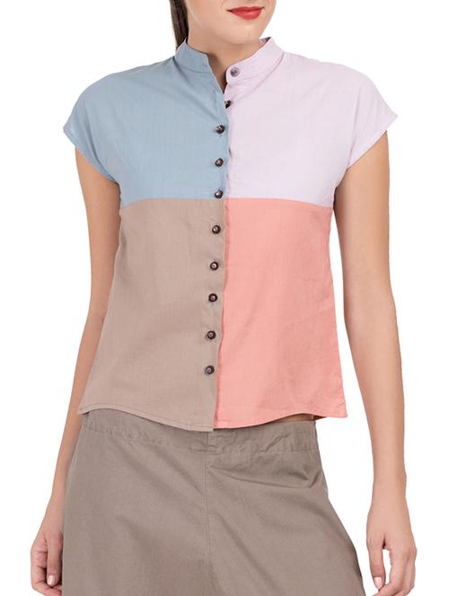 grey color block cotton straight shirt - 15071248 - Very Small Image - 1