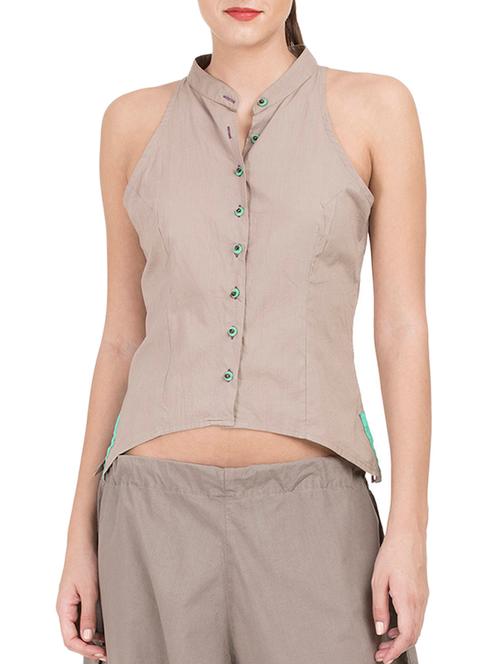 beige solid cotton asymmetric shirt - 15071257 - Very Small Image - 1