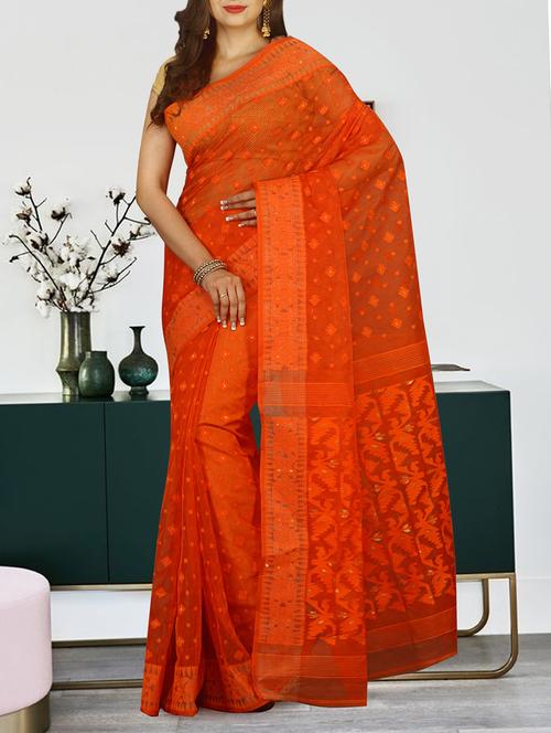 orange cotton silk jamdani saree - 15071759 - Very Small Image - 1