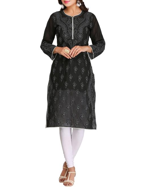 black cotton straight chikankari kurta - 15072084 - Very Small Image - 1