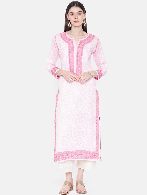 pink cotton straight chikankari kurta - 15072091 - Very Small Image - 1