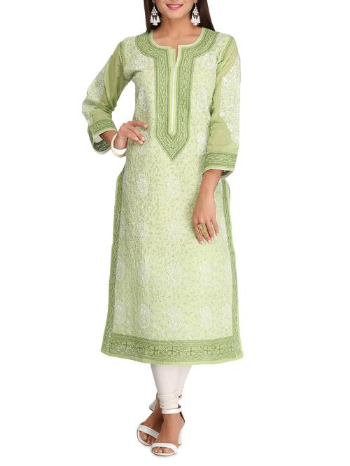 green cotton straight chikankari kurta - 15072094 - Very Small Image - 1