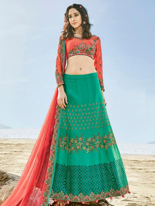 green embroidered flared lehenga - 15074664 - Very Small Image - 1