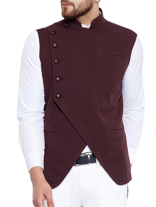 brown cotton nehru jacket - 15077395 - Very Small Image - 1