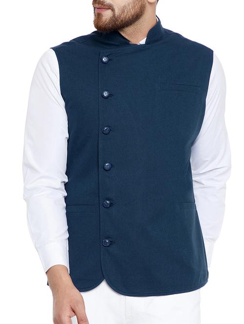 blue cotton nehru jacket - 15077407 - Very Small Image - 1