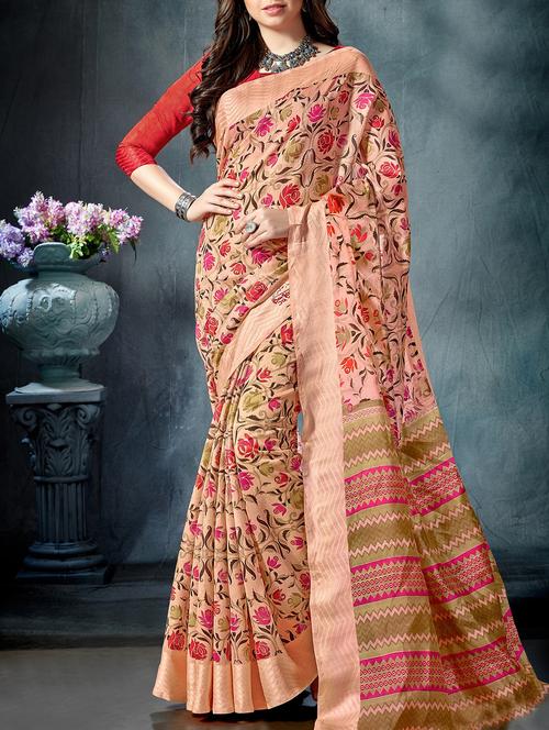beige cotton printed saree with blouse - 15078295 - Very Small Image - 1