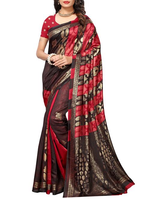 maroon silk blend printed saree with blouse - 15083064 - Very Small Image - 1
