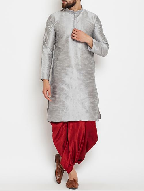 silver silk blend dhoti kurta set - 15085476 - Very Small Image - 1