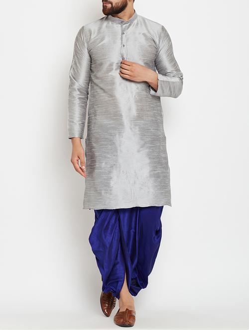 silver silk blend dhoti kurta set - 15085478 - Very Small Image - 1
