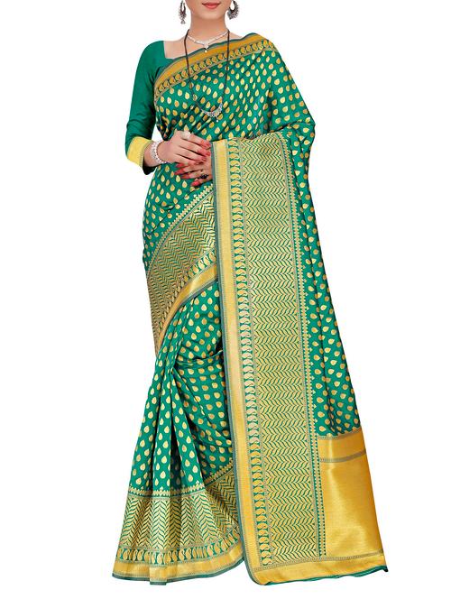 turquoise silk blend banarasi saree with blouse - 15086167 - Very Small Image - 1