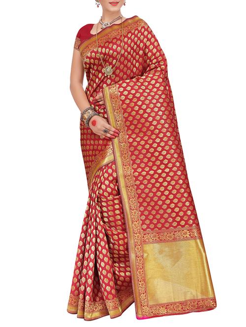 red silk blend banarasi saree - 15086171 - Very Small Image - 1