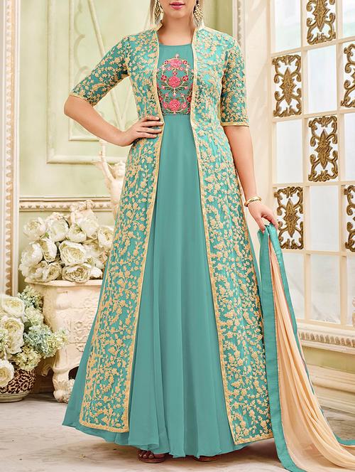 blue georgette semi-stitched anarkali suits - 15087697 - Very Small Image - 1