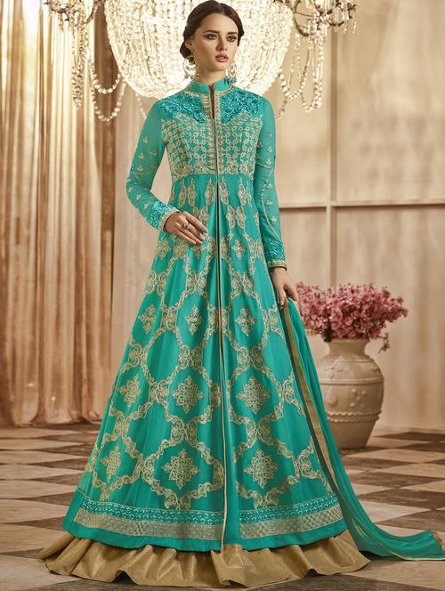 sky blue embroidered georgette semi-stitched skirt suit - 15087718 - Very Small Image - 1