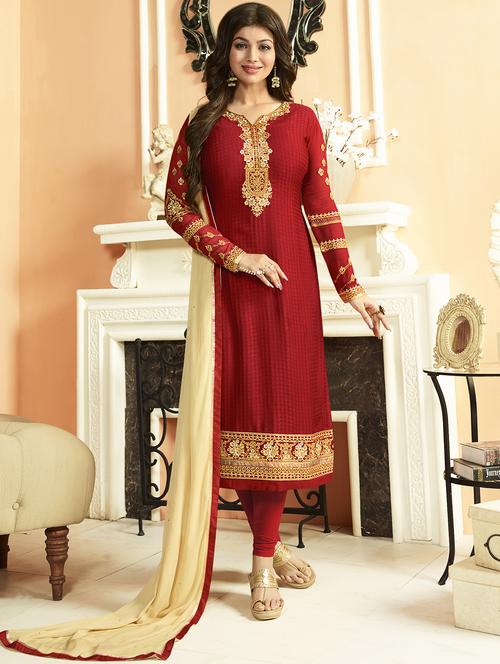 red embroidered semi-stitched chiffon churidaar suit - 15087746 - Very Small Image - 1