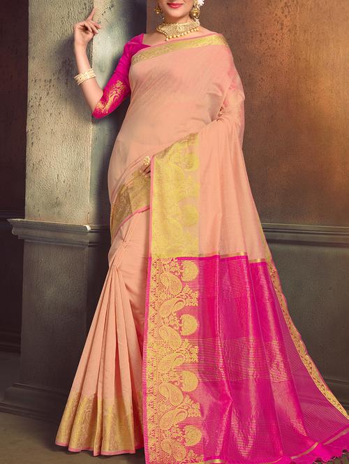 peach cotton silk bordered saree with blouse - 15087789 - Very Small Image - 1