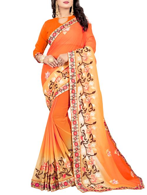 orange cotton silk embroidered saree with blouse - 15089874 - Very Small Image - 1