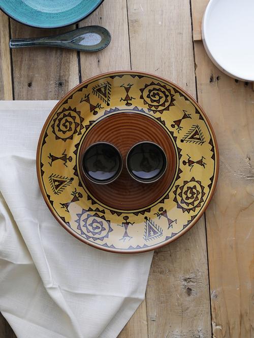 ceramic designer madhubani platter with attached bowls: brown - 15090776 - Very Small Image - 1