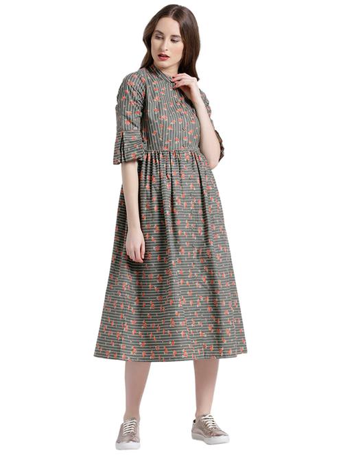 mandarin neck printed a-line dress - 15092378 - Very Small Image - 1