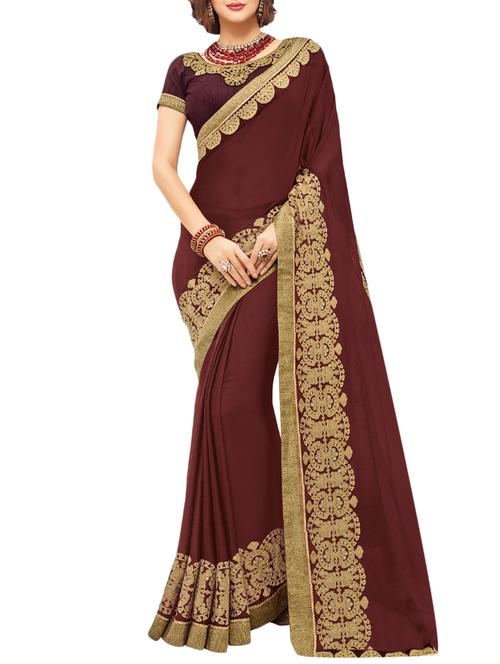 maroon chiffon bordered saree with blouse - 15094771 - Very Small Image - 1