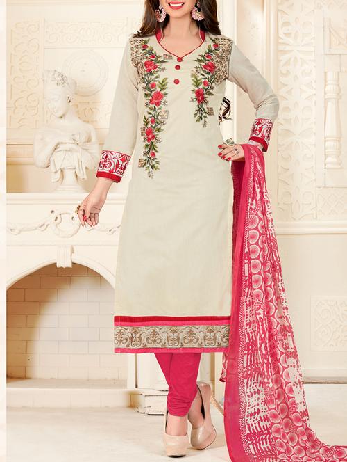white chanderi cotton unstitched churidaar suit - 15095829 - Very Small Image - 1