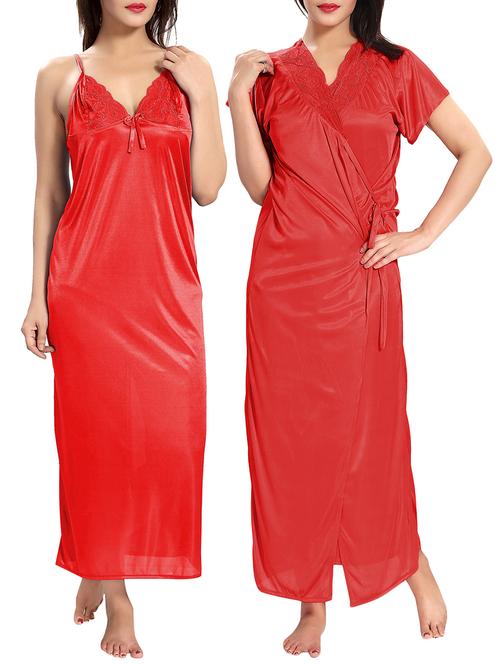 red lace detail nighty with robe set  - 15096524 - Very Small Image - 1