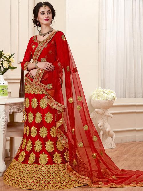 red embroidered a-line lehenga - 15096698 - Very Small Image - 1