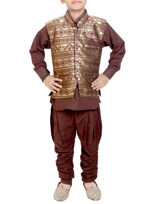 brown cotton kurta set with nehru jacket - 15097142 - Very Small Image - 1