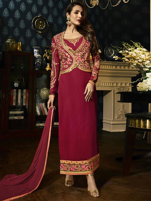 maroon georgette semi-stitched churidaar suit - 15098099 - Very Small Image - 1