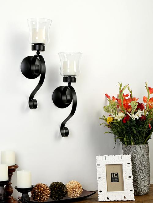 set of 2 decorative wall sconce/candle holder with clear glass chimney and free candles  (black matte) - 15100054 - Very Small Image - 1
