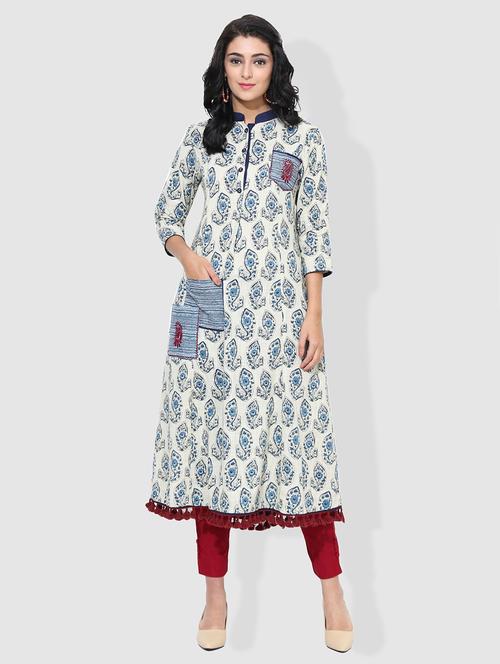 a-line printed kurta with tessels - 15101207 - Very Small Image - 1