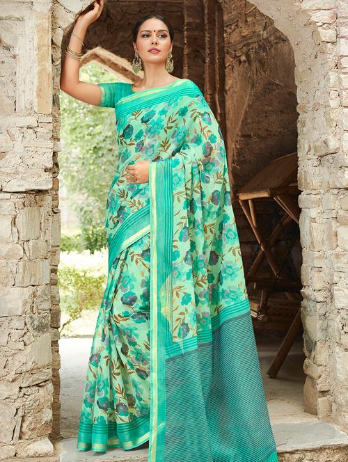 women's floral turquoise colored saree - 15102699 - Very Small Image - 1
