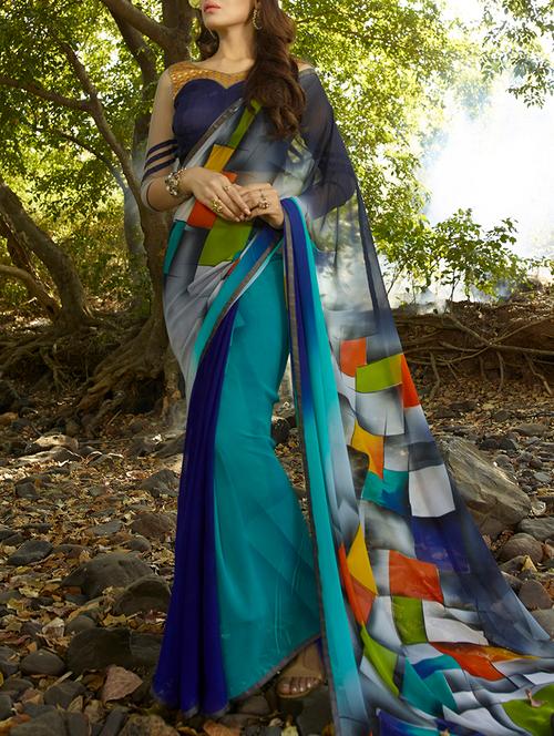 blue georgette printed saree - 15102754 - Very Small Image - 1