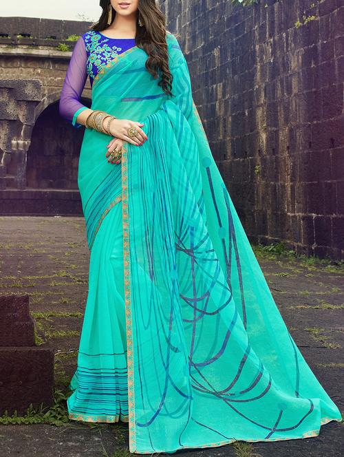 turquoise cotton blend printed saree - 15102758 - Very Small Image - 1