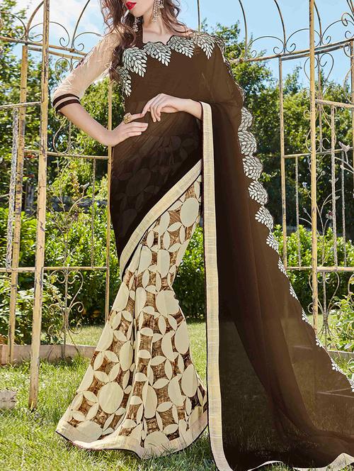 brown georgette half and half saree - 15102806 - Very Small Image - 1
