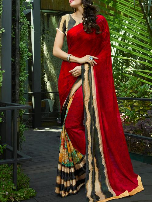 red silk printed saree - 15102827 - Very Small Image - 1