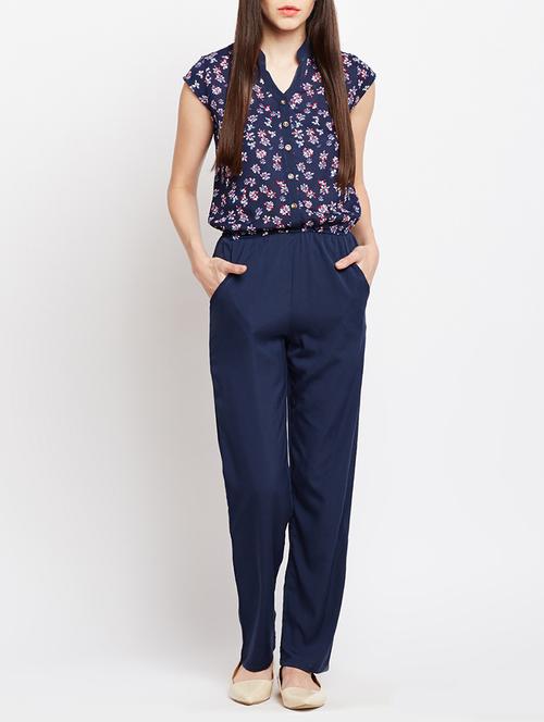 navy blue crepe floral full leg jumpsuit - 15104194 - Very Small Image - 1